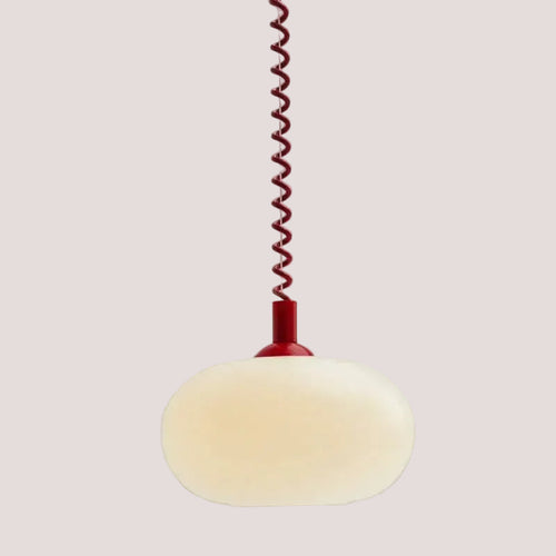 Bauhaus Glass Chandeliers with bright cord featuring a hand-blown glass shade and vibrant red spiral wire.