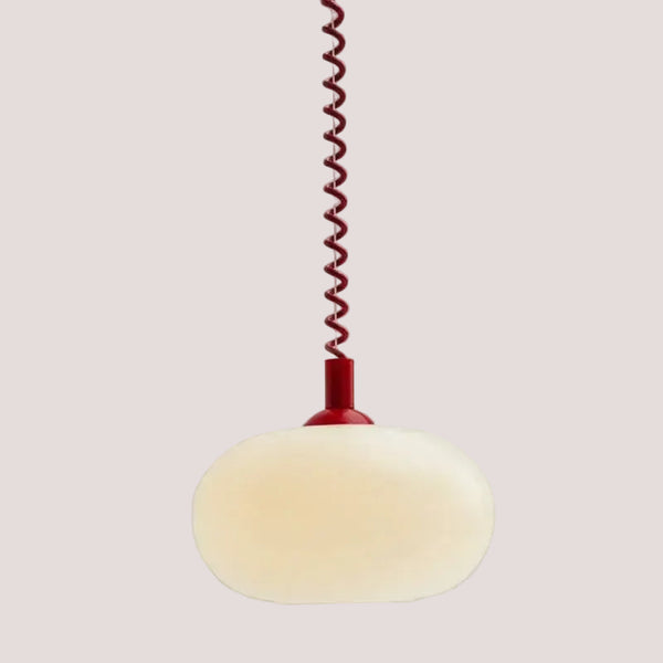 Bauhaus Glass Chandeliers with bright cord featuring a hand-blown glass shade and vibrant red spiral wire.