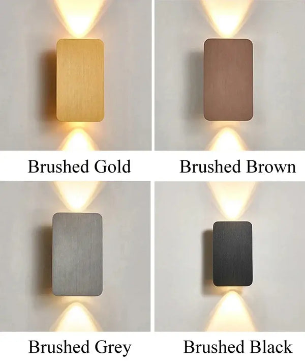 Brushed Gold/Black Double Head Wall Light in four finishes: Gold, Brown, Grey, and Black for modern interiors.