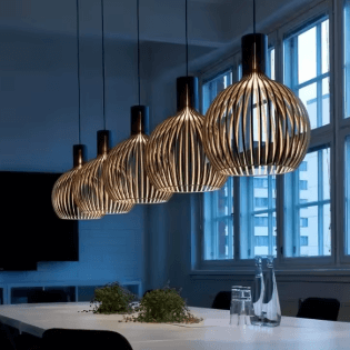Nordic Retro Modern Wood Cage Pendant lighting design featuring elegant wooden cage structure.