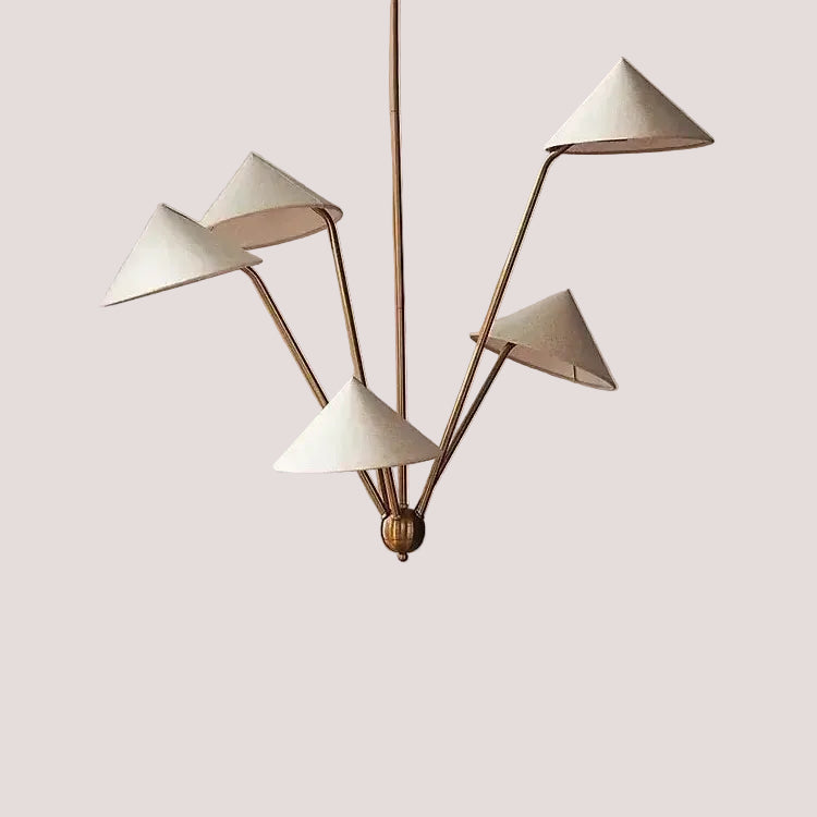 Chic Japansese Mid-Century Modern Ceiling Pendant with golden rods and soft fabric shades.