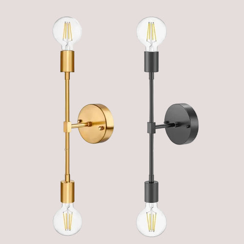 Double Wall Lights featuring gold and black finishes with modern design and exposed bulbs.