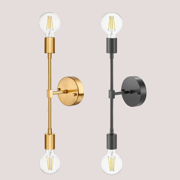 Double Wall Lights featuring gold and black finishes with modern design and exposed bulbs.