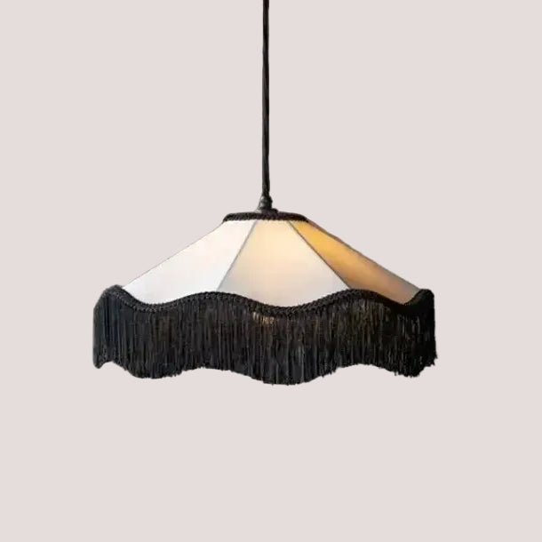 French Retro Fabric Pendant Light – Art Deco Fringe Chandelier for Bedrooms & Lounges in elegant cream and black.