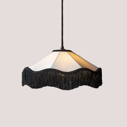 French Retro Fabric Pendant Light – Art Deco Fringe Chandelier for Bedrooms & Lounges in elegant cream and black.