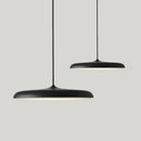 Minimalist Metal Hanging Lamp in black with soft glow, perfect for contemporary home decor.