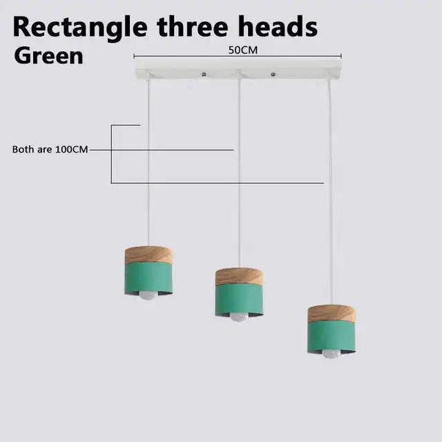 Simple Metal Danish Pendant with Wood - Rectangle three heads in green with wooden accents