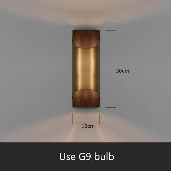 Exquisite Lobby Copper Luxury Wall Lamp! dimensions showing 30cm by 10cm with recommended G9 bulb usage.