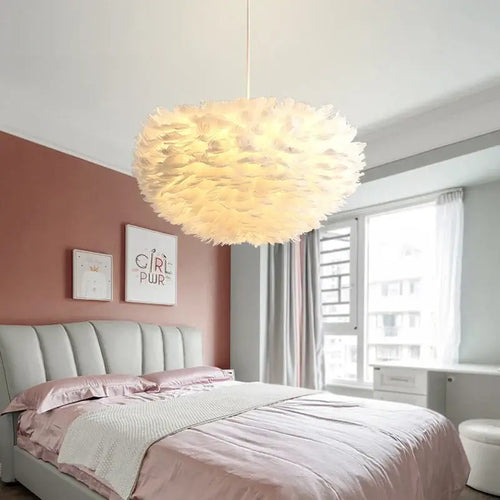 Goose Feather Pendant Chandelier – Soft Modern Lighting for Bedroom, Living Room or Boutique in a stylish bedroom setting.