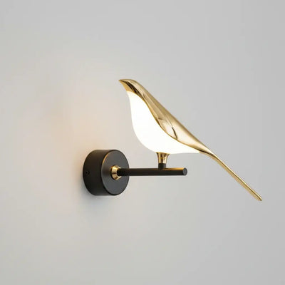 Hero A modern wall-mounted bird-shaped light fixture in polished gold and matte black, mounted on a slate blue-gray wall. The image is presented as a product photo with a white header containing the text 'GOODS SITUATION' and 'Product photo'.