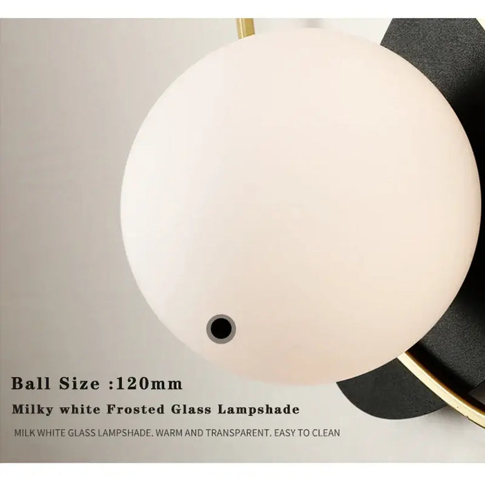 Art Deco Golden Circle Sconce featuring a milky white frosted glass lampshade with a 120mm ball size.