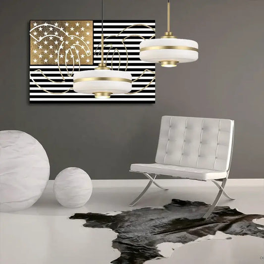 Milky Glass Gold Art Deco pendant light hanging in modern living room with abstract art and minimalist furniture.