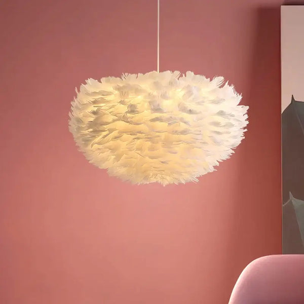 Goose Feather Pendant Chandelier – Soft Modern Lighting for Bedroom, Living Room or Boutique in white finish.