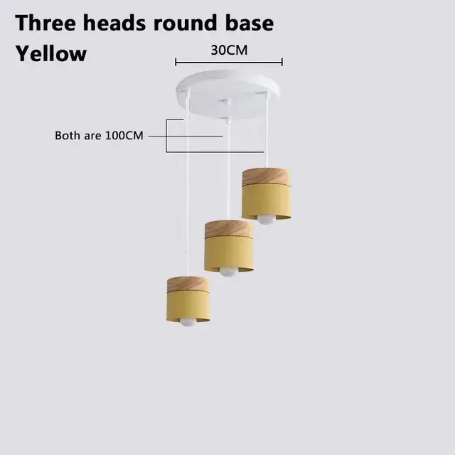 Simple Metal Danish Pendant with Wood - Three heads round base yellow pendant light design.