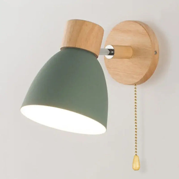Modern Sconce With Switch in green and wood design, featuring a flexible lighting option and convenient pull chain switch.