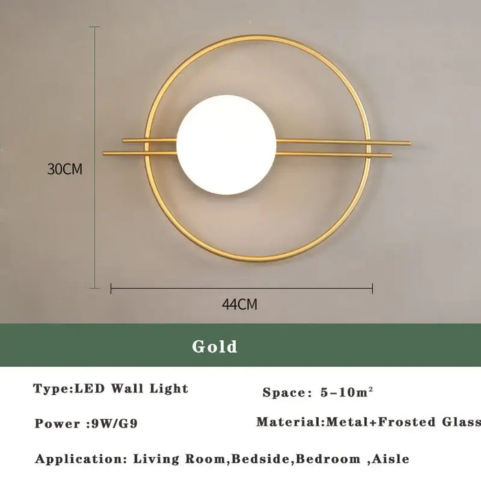 Art Deco Golden Circle Sconce, a stunning LED wall light design in gold, perfect for bedrooms and living rooms.
