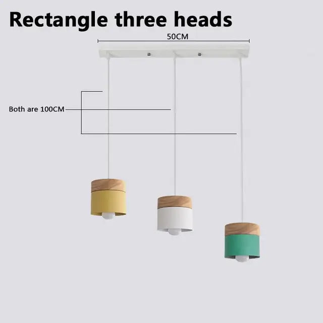 Simple Metal Danish Pendant with Wood in a modern rectangle design featuring three colorful shades.