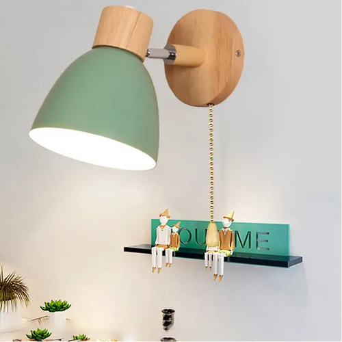 Modern Sconce With Switch featuring a green shade and wooden base, stylish wall-mounted lighting for modern decor.