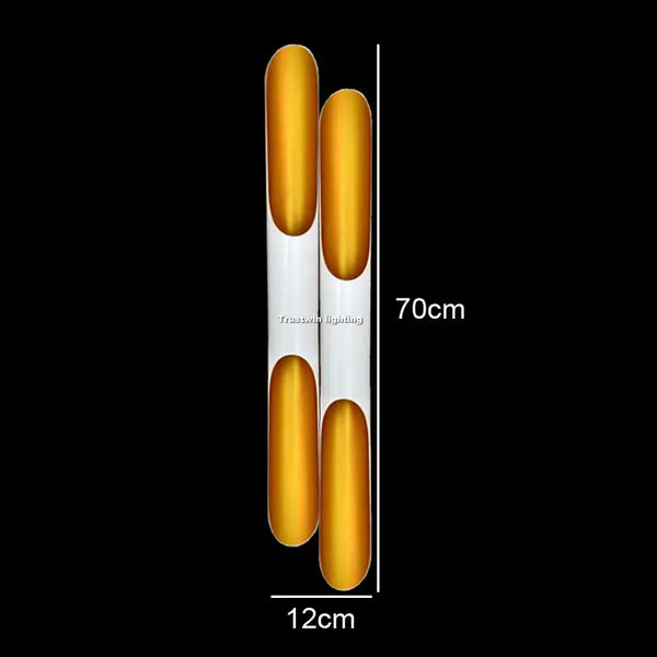 Nordic Glow Tubular Sconce dimensions showing sleek design at 70cm height and 12cm width with gold accents.