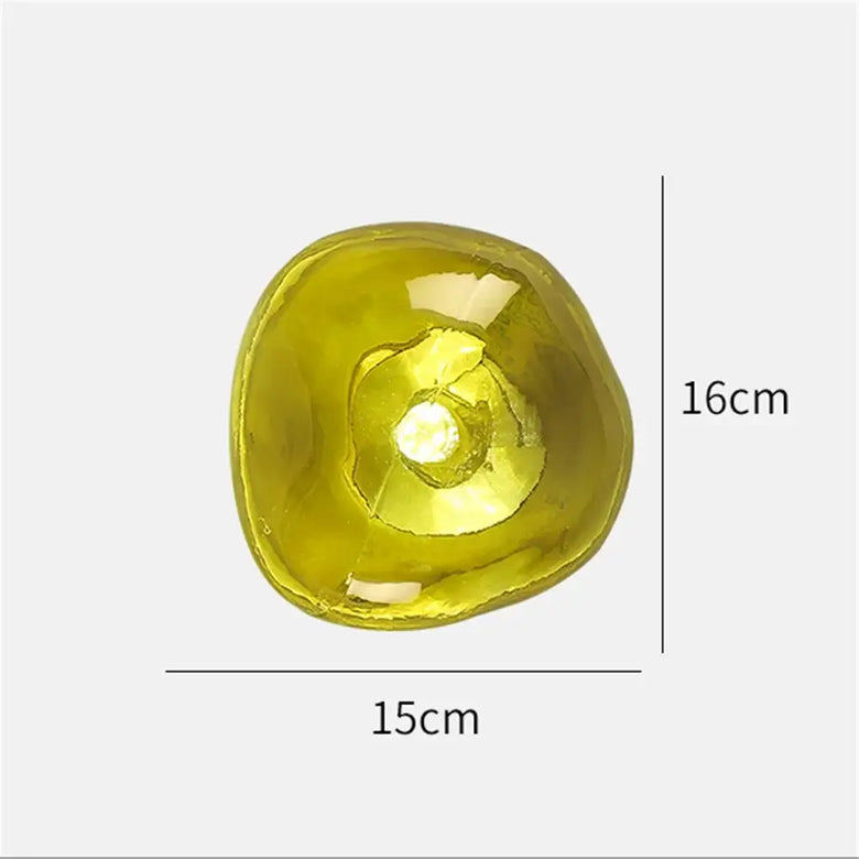 Lava Glass Wall Lamp showing a yellow glass sconce with dimensions 15cm by 16cm.