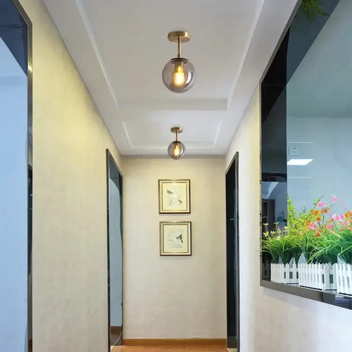 Brushed Brass Glass Globe Semi-Flush LED Ceiling Light