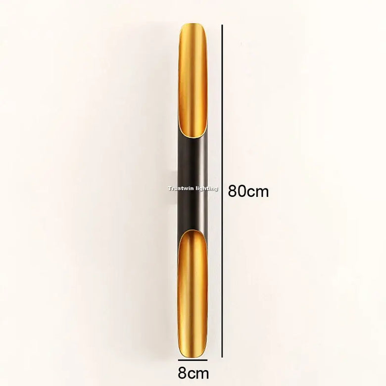 Nordic Glow Tubular Sconce featuring a sleek black and gold design, dimensions 80cm x 8cm, ideal for modern interiors.
