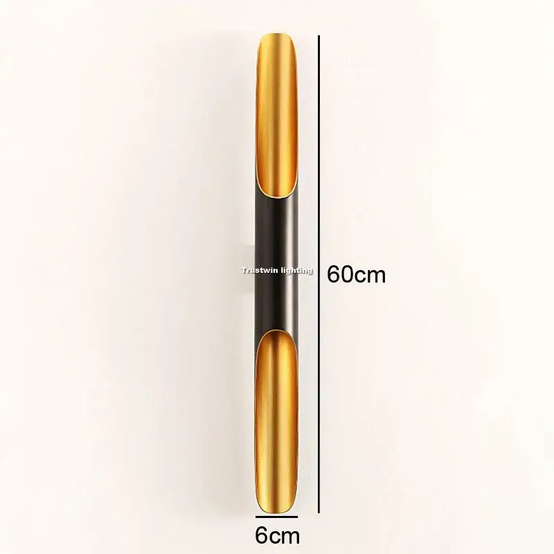Nordic Glow Tubular Sconce showcasing sleek tubular design with gold and black color scheme, dimensions 60cm x 6cm.