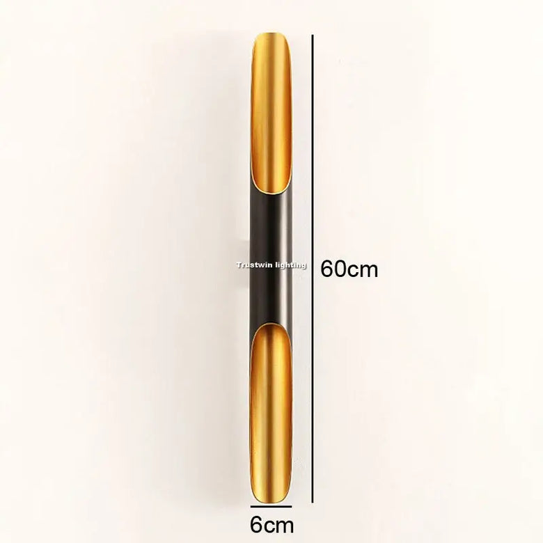 Nordic Glow Tubular Sconce showcasing sleek tubular design with gold and black color scheme, dimensions 60cm x 6cm.