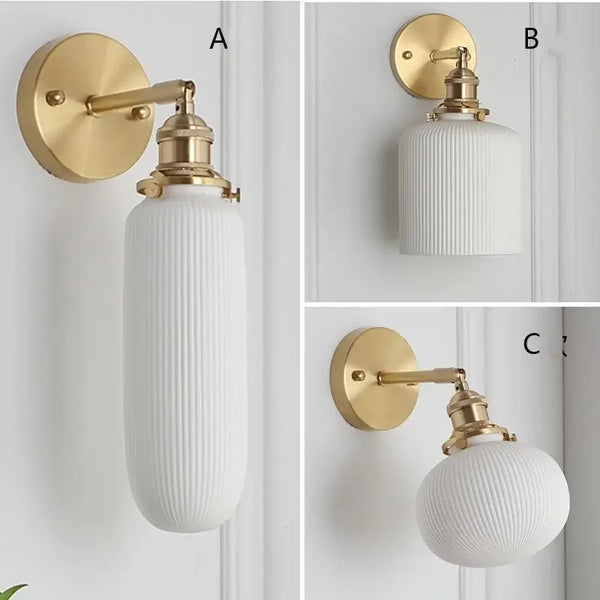 Timeless Elegance: Nordic White Porcelain Wall Lamp - Showcase of three wall light styles with gold mount and white porcelain.