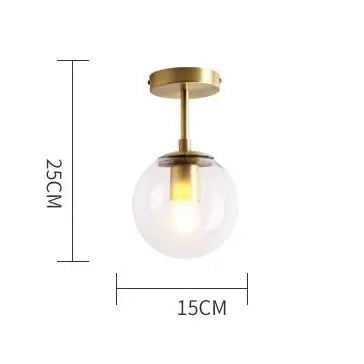 A modern semi-flush mount ceiling light with a gold brass ceiling canopy, a vertical stem, and a clear glass globe shade containing a warm white bulb. Black dimension lines indicate a height of 250mm and a width of 150mm on a plain white background.