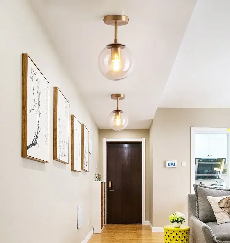 Brushed Brass Glass Globe Semi-Flush LED Ceiling Light