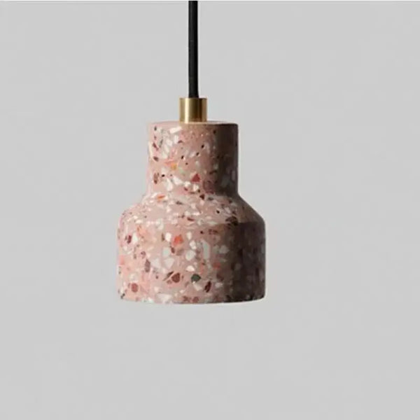 Contemporary Hanging Lights in pink terrazzo design with brass accent and black cord, perfect for modern interiors.