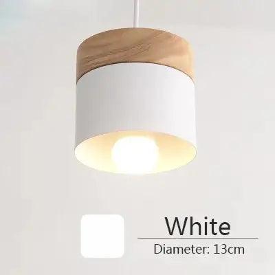 Simple Metal Danish Pendant with Wood in white finish featuring a wooden top and focused lighting.