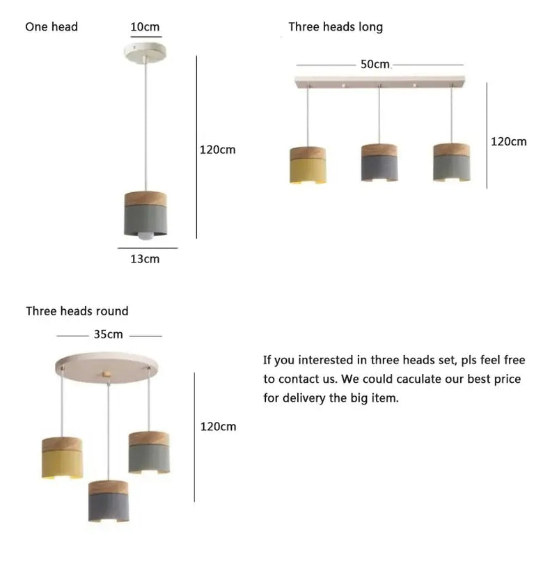 Simple Metal Danish Pendant with Wood dimensions and design details, featuring one and three heads configurations.