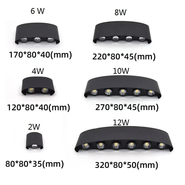 Bathroom Modern Waterproof LED Wall Lamp - Black or White with Gold IP65 size comparison diagram
