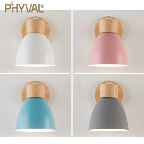 Modern Sconce With Switch in white, pink, blue, and gray color options on a wooden base.