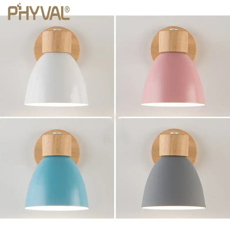 Modern Sconce With Switch in white, pink, blue, and gray color options on a wooden base.