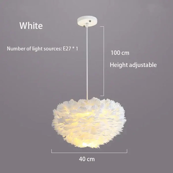 Goose Feather Pendant Chandelier – Soft Modern Lighting for Bedroom, Living Room or Boutique in white with adjustable height.