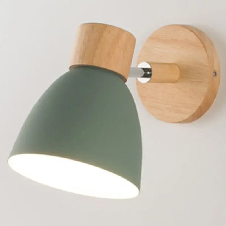 Modern Sconce With Switch, wall-mounted lighting fixture with stylish green shade and wooden base.