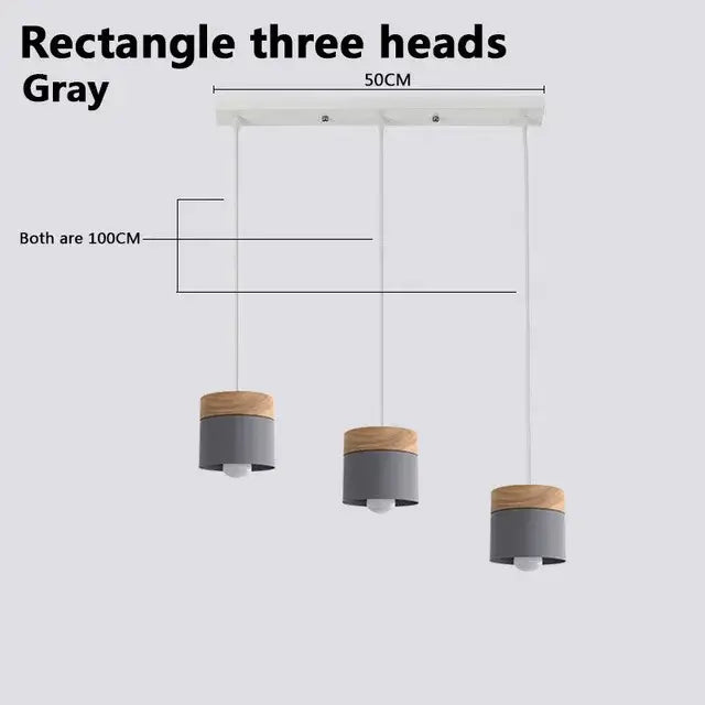 Simple Metal Danish Pendant with Wood in gray with three hanging lights and wooden accents.