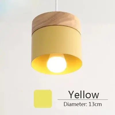 Simple Metal Danish Pendant with Wood in yellow, featuring a wood top and providing focused lighting.