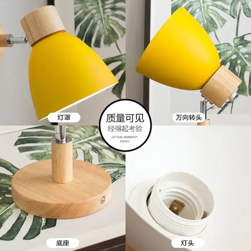 Modern Sconce With Switch in yellow with wooden base and adjustable head for versatile lighting.