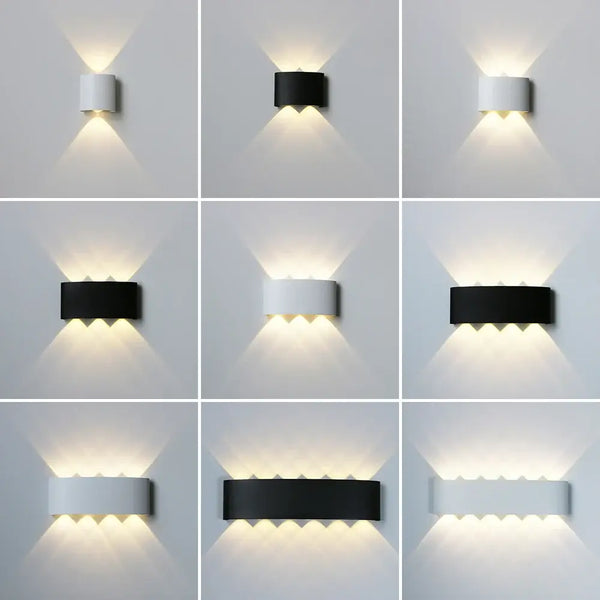 Bathroom Modern Waterproof LED Wall Lamp - Black or White with Gold IP65 options in various designs and lighting effects.