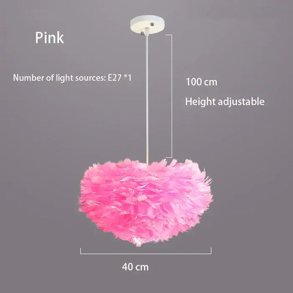 Goose Feather Pendant Chandelier – Soft Modern Lighting for Bedroom, Living Room or Boutique in pink color.