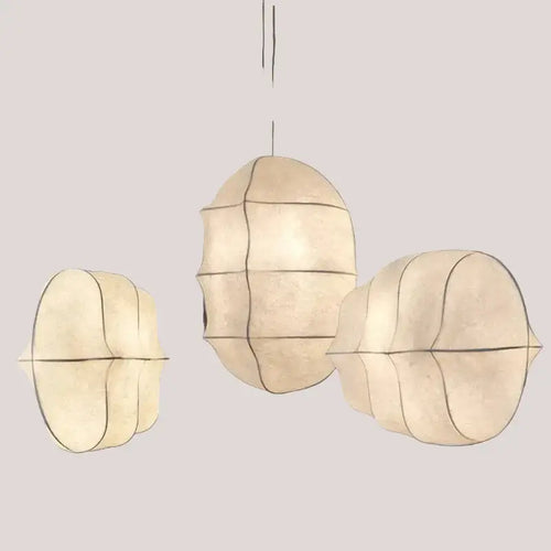 Japanese Wabi-Sabi Silk Pendant Light – Sculptural White Hanging Lamp in soft white silk with organic forms. Hero
