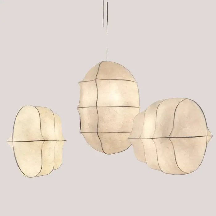 Japanese Wabi-Sabi Silk Pendant Light – Sculptural White Hanging Lamp in soft white silk with organic forms. Hero