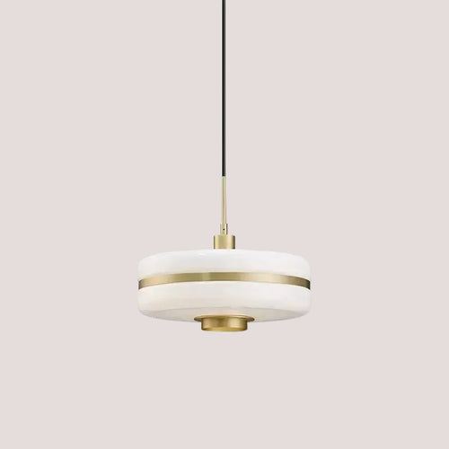 Milky Glass Gold Art Deco pendant light showcasing a frosted glass and brass design, perfect for modern living room décor.