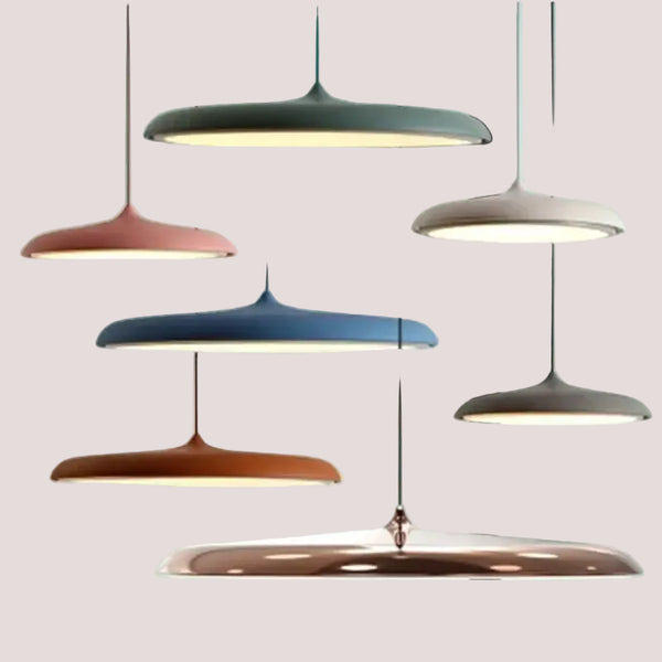 Minimalist Metal Hanging Lamp collection featuring contemporary colors and elegant designs.