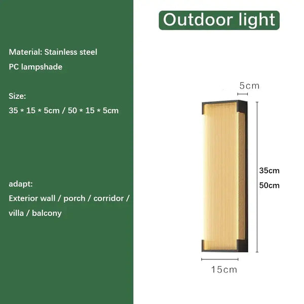 Modern Outdoor Waterproof Stainless Steel Wall Light – Warm & Cool White dimensions and details including size and material.
