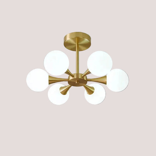Modern Copper Glass Ball Chandelier showcasing Mid-Century style with frosted glass shades and trumpet arms.